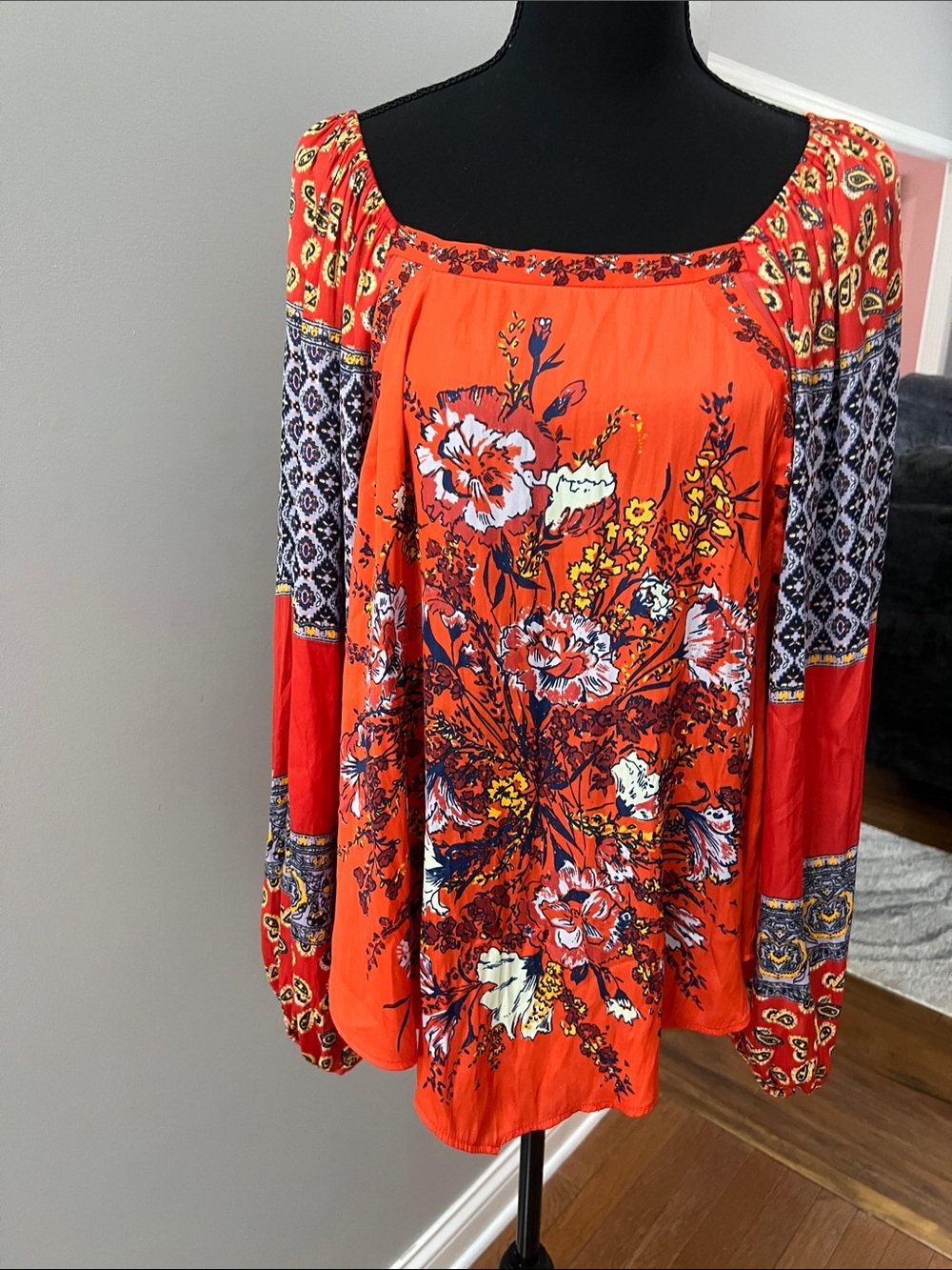 Free People Orange Floral Boho Peasant Tunic